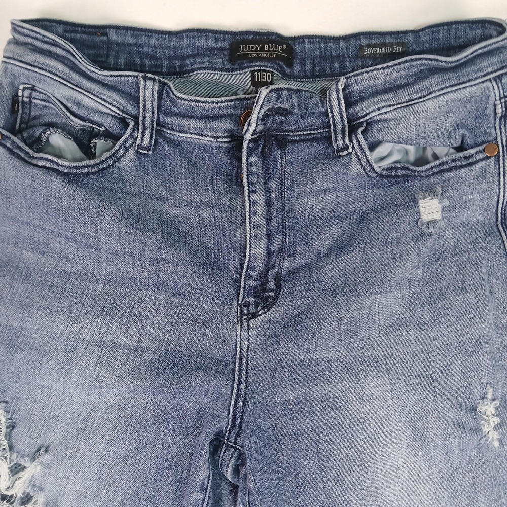 Judy Blue Jeans Womens 11 30 Blue Boyfriend Fit Distressed Ripped Stretch Denim - Picture 10 of 12